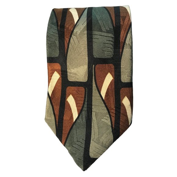 Cellini Linea Uomo Silk Neck Tie Green Brown Black Tan Abstract Art Deco Swing 5 - Picture 1 of 6